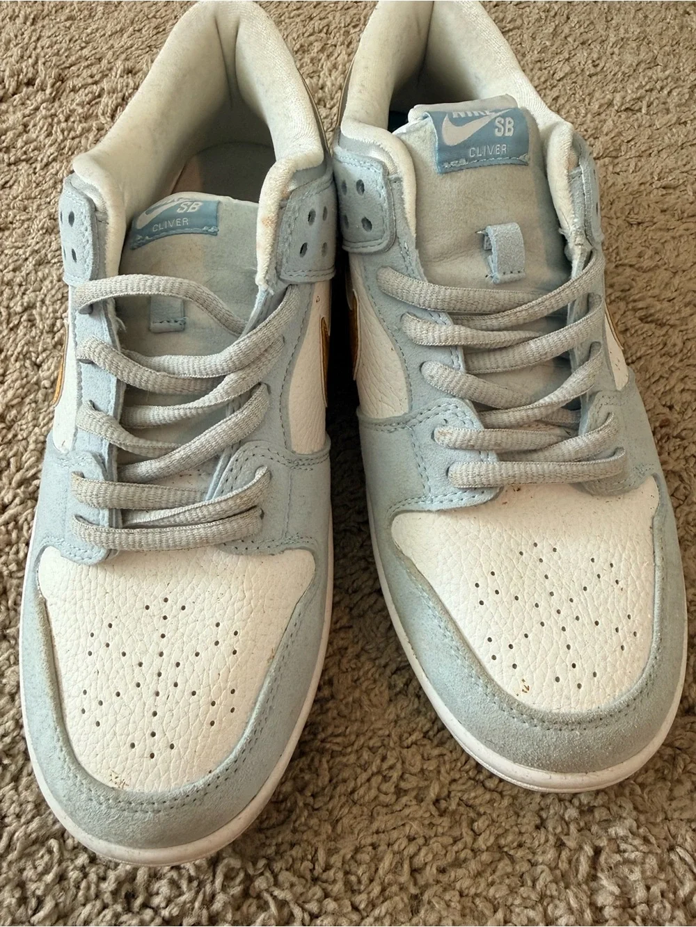 Nike Dunks x Sean Cliver Light Blue, White & Gold Low-Top Sneakers